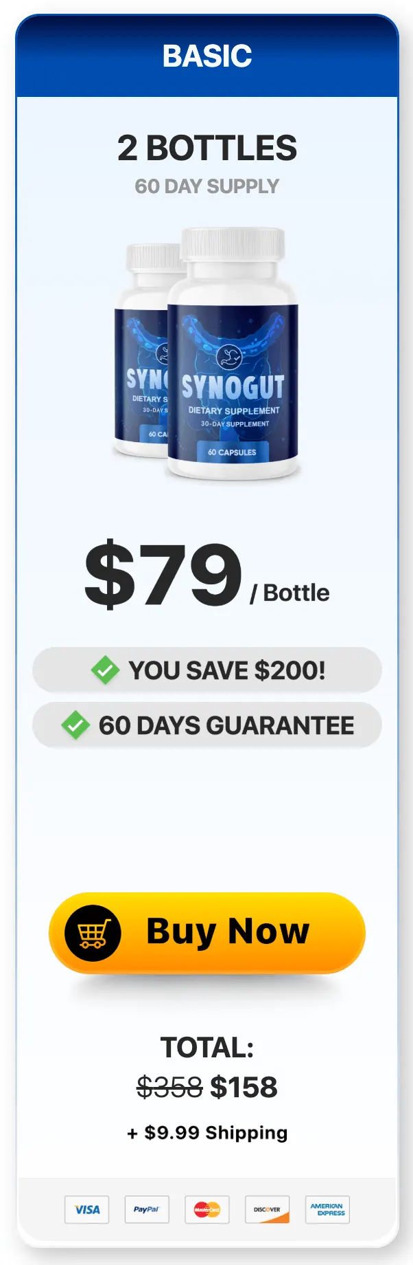 Synogut basic pack, 2 bottles, 60 day supply, $79 per bottle