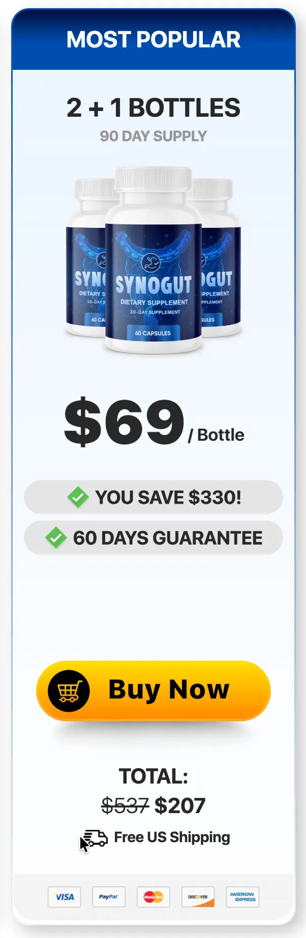 Synogut most popular pack, 2 plus 1 bottles, 90 day supply, $69 per bottle
