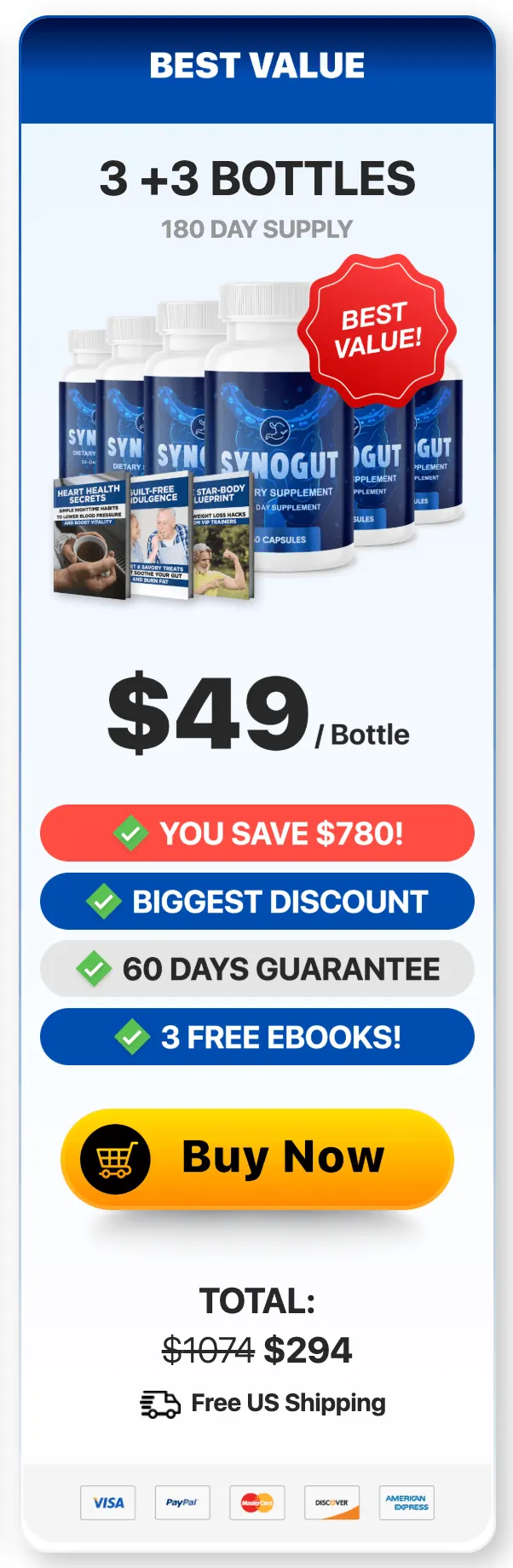 Synogut best value pack, 3 plus 3 bottles, 180 day supply, $49 per bottle with 3 free ebooks