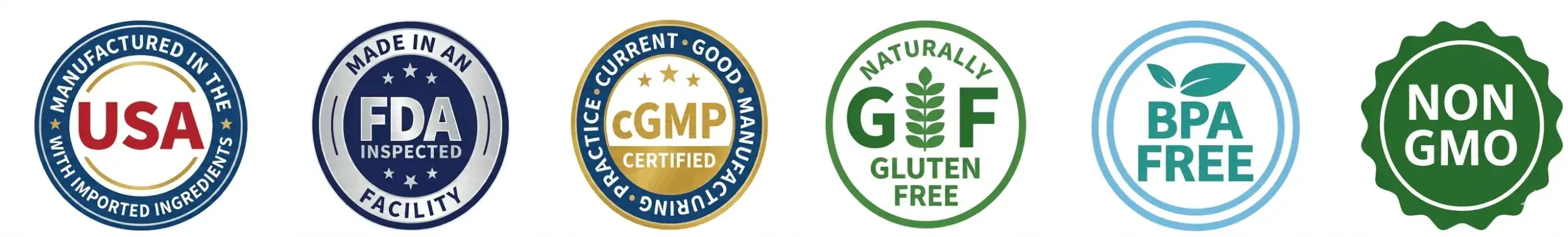 Synogut USA made, FDA inspected, cGMP certified, gluten free, BPA free, non GMO badges